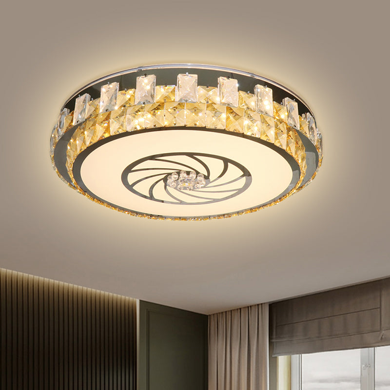 Nickel LED Ceiling Mount Contemporary Clear Beveled Crystal Blocks Round Flush Light Fixture
with Windmill Pattern