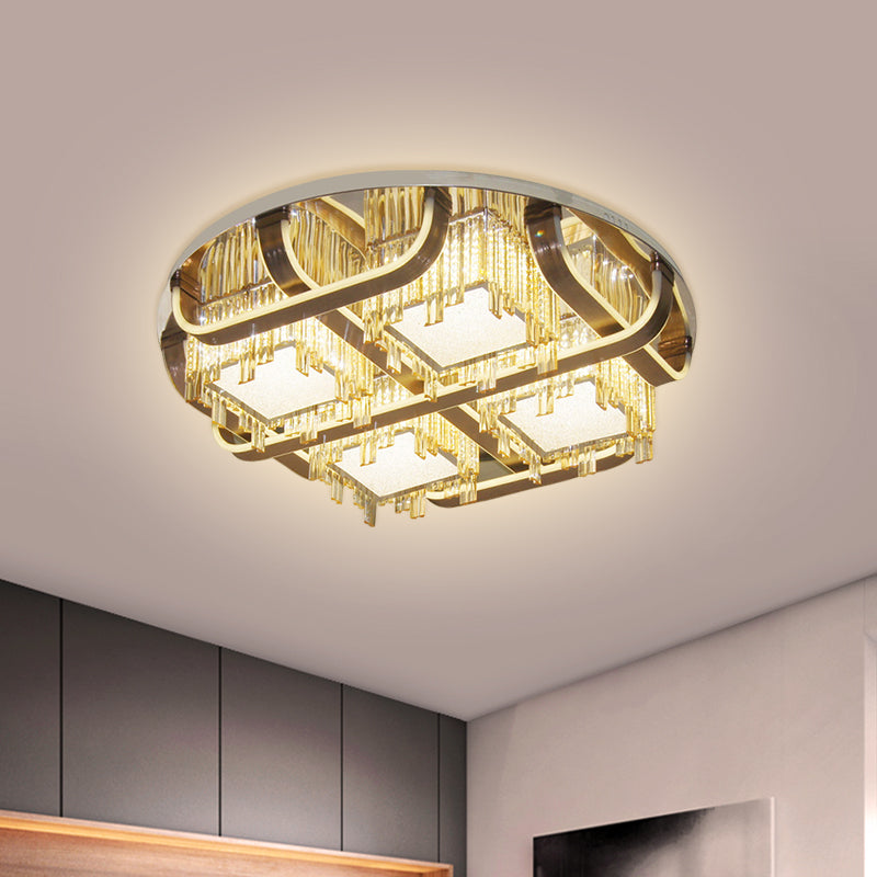 LED Circle Flush Lighting Modern Stainless-Steel Rectangular-Cut Crystals Ceiling Lamp with Cubic Shade