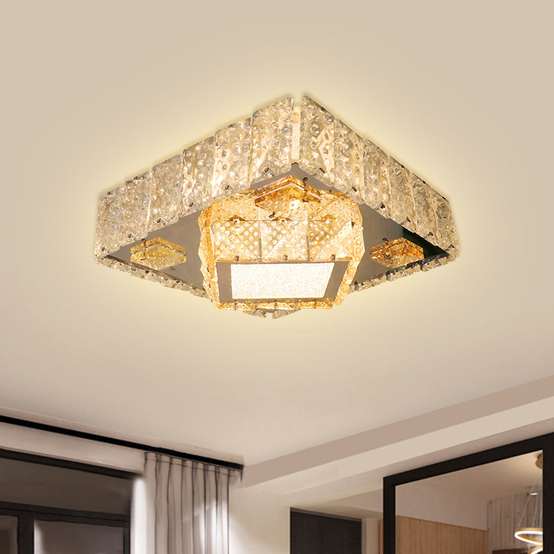 Modern Square Light Fixture Clear Crystal Blocks LED Flush Mount Lamp in Stainless-Steel
