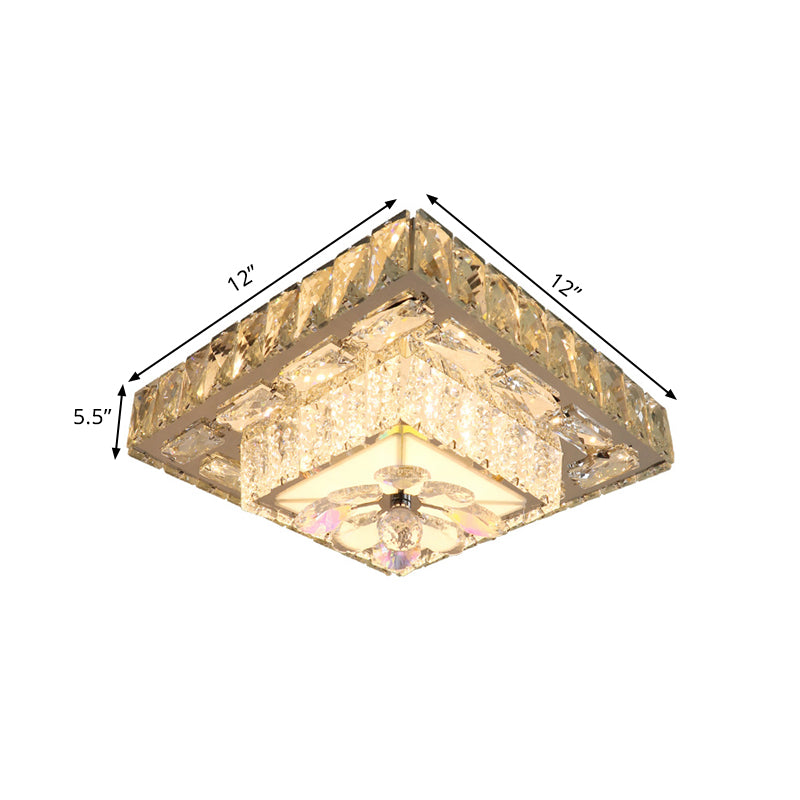 Clear Beveled Crystal Blocks Square Flushmount Contemporary LED Corridor Ceiling Lamp in Stainless-Steel