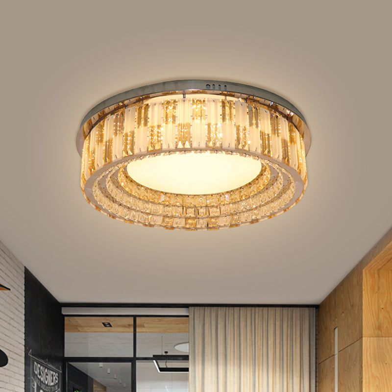 Modern Round Flush Light Fixture Crystal Blocks LED Ceiling Mount in Stainless-Steel, 23.5"/31.5" Width