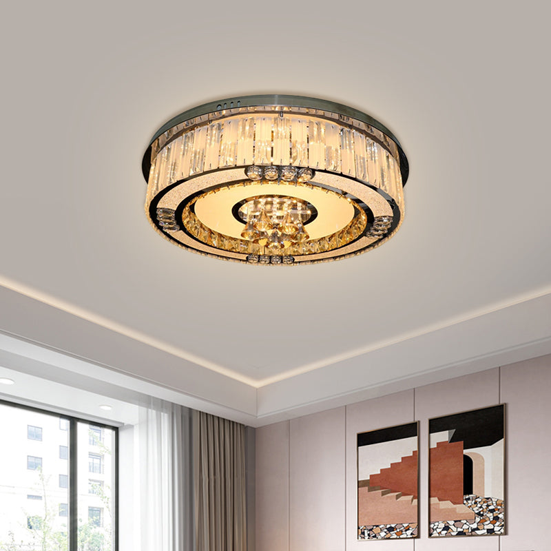LED Drum Flushmount Light Contemporary Stainless-Steel Clear Crystal Blocks Ceiling Lamp