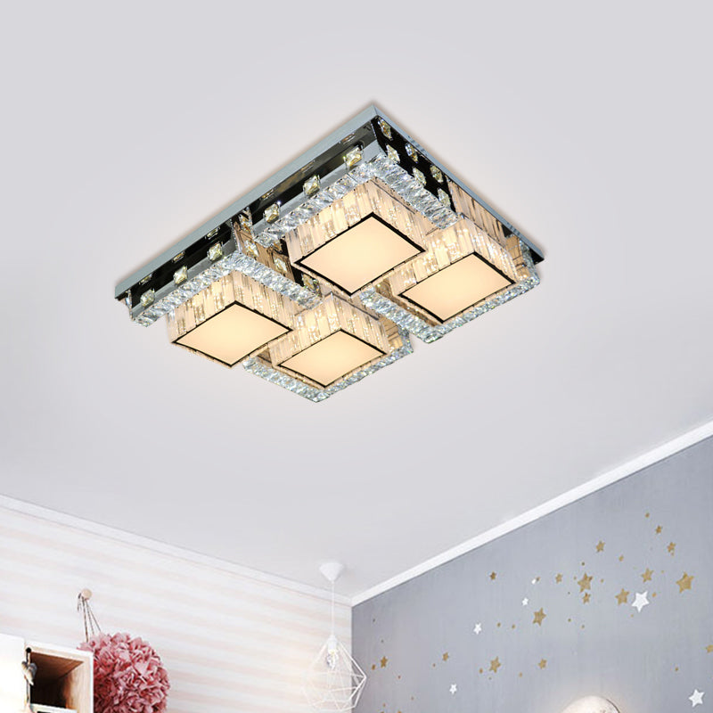 LED Ceiling Light Modern Rectangle/Square Crystal Blocks Flushmount in Stainless-Steel with White Cubic Shade, 31"/46.5" Wide