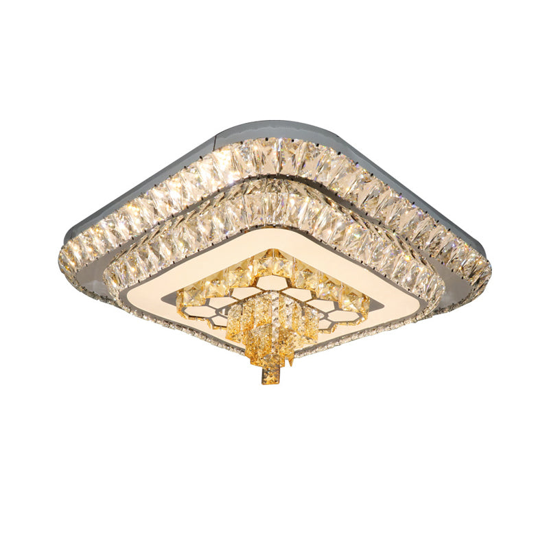 Grey Finish LED Flushmount Light Contemporary Clear Cut Crystal Blocks Square Ceiling Fixture
