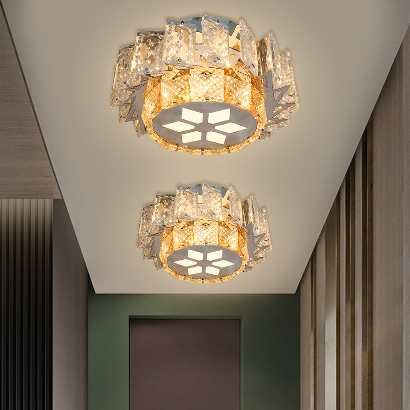 Windmill Porch Ceiling Lamp Contemporary Clear Crystal Blocks LED Nickel Flush Mount Lighting