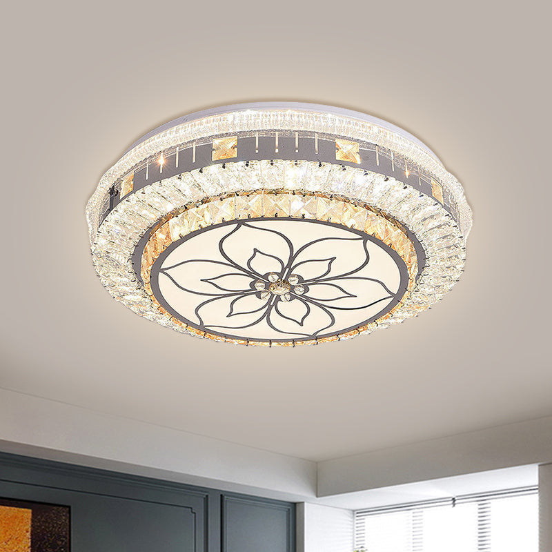 LED Round Flush Mount Contemporary Stainless-Steel Clear Cut Crystal Blocks Ceiling Lamp with Flower Pattern