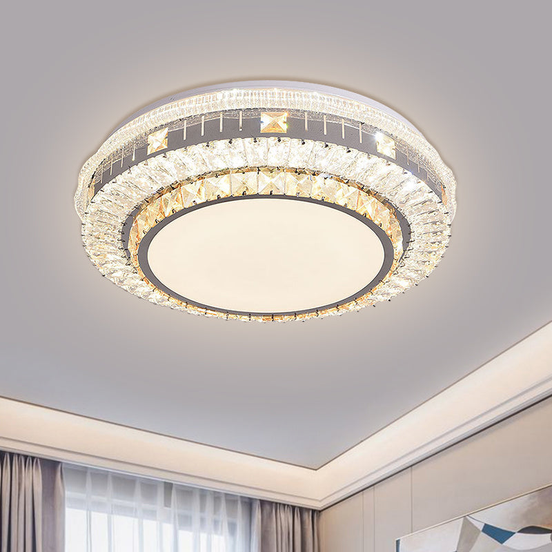 LED Clear Beveled Crystal Blocks Light Fixture Modern Stainless-Steel Round Great Room Flush Mount Fixture