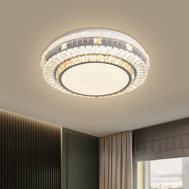 LED Clear Beveled Crystal Blocks Light Fixture Modern Stainless-Steel Round Great Room Flush Mount Fixture
