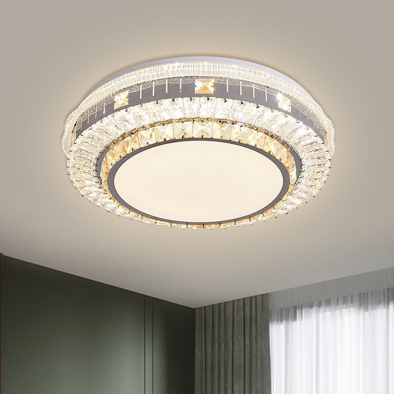 LED Clear Beveled Crystal Blocks Light Fixture Modern Stainless-Steel Round Great Room Flush Mount Fixture