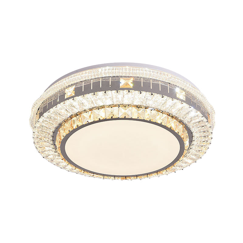LED Clear Beveled Crystal Blocks Light Fixture Modern Stainless-Steel Round Great Room Flush Mount Fixture