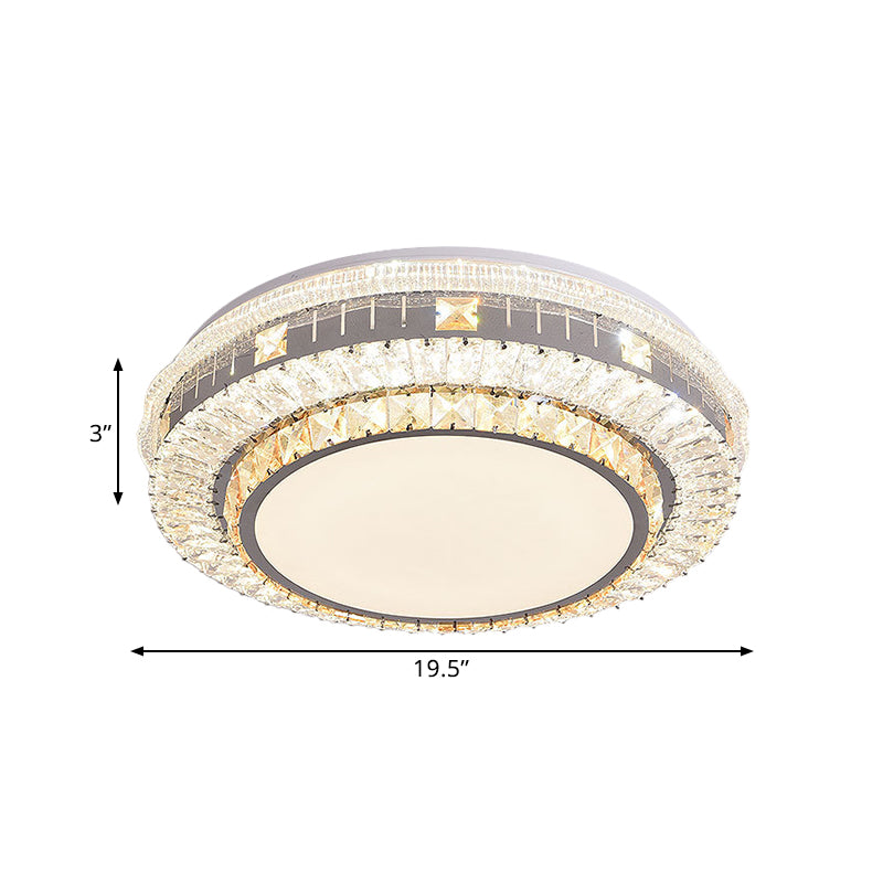LED Clear Beveled Crystal Blocks Light Fixture Modern Stainless-Steel Round Great Room Flush Mount Fixture