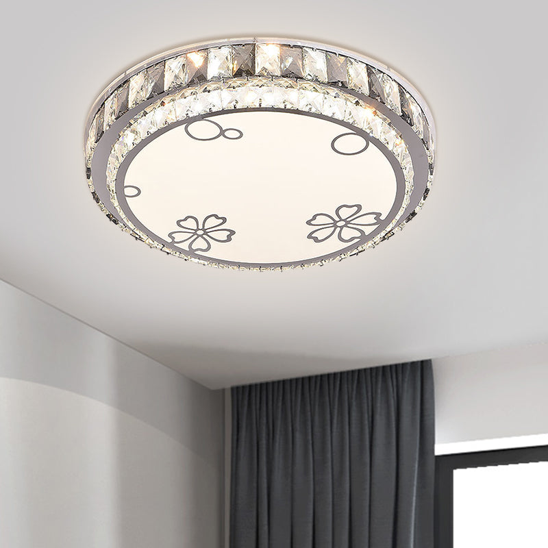 LED Round Light Fixture Modern Stainless-Steel Clear Faceted Crystal Blocks Flushmount with Flower/Cloud Pattern