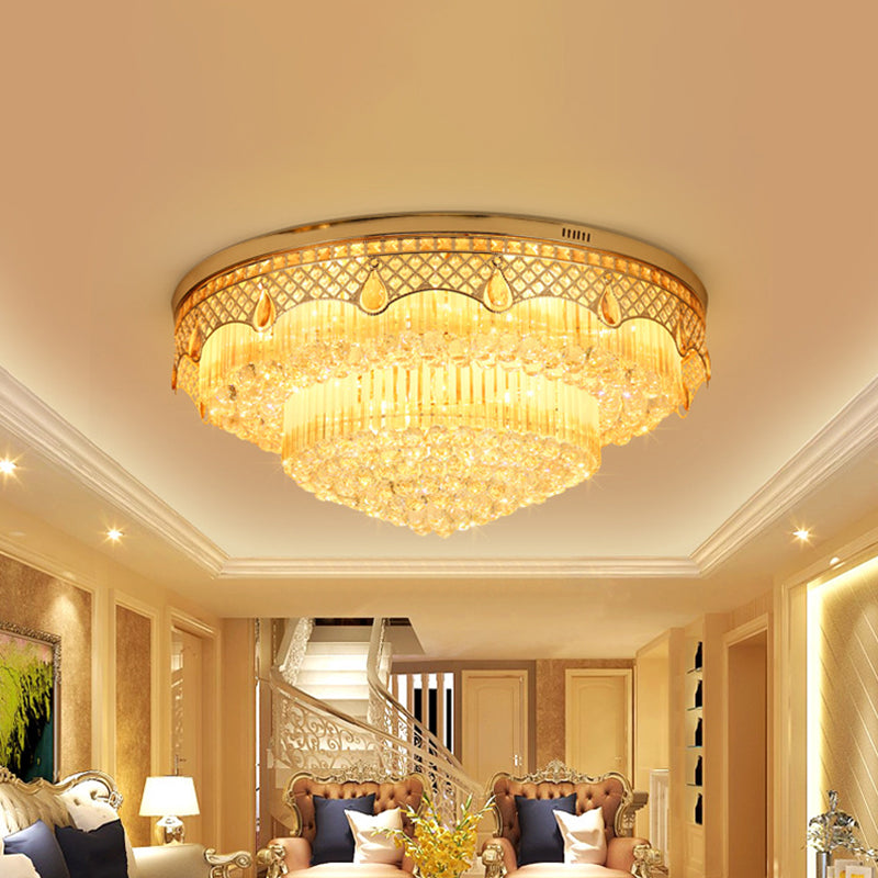 6 Bulbs Tapered Ceiling Light Modern Gold Finish Clear Cut Crystal Balls Flush Mount Lamp