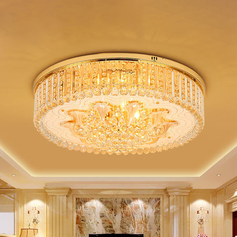 5 Heads Round Flush Light Fixture Modern Gold Clear Beveled Crystal Stands Ceiling Lighting