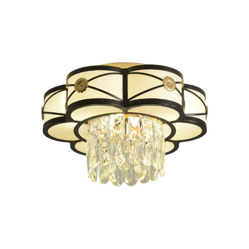 Floral Clear Crystal Draping Ceiling Lamp Contemporary 4/10 Bulbs Parlor Flushmount Light in Black, 16"/28.5" Wide