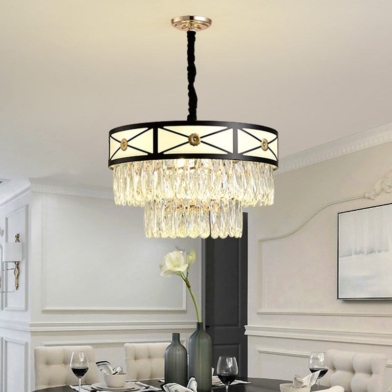 Black Finish 9 Heads Chandelier Lamp Contemporary Clear Crystal 3-Layer Round Suspension Light