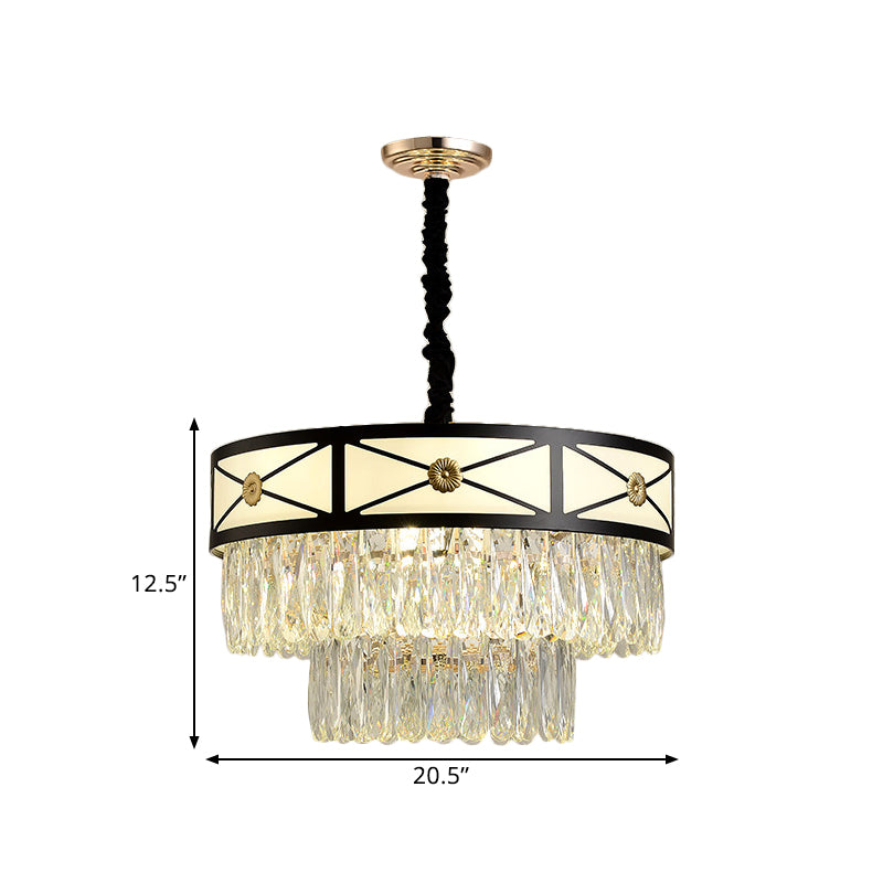 Black Finish 9 Heads Chandelier Lamp Contemporary Clear Crystal 3-Layer Round Suspension Light