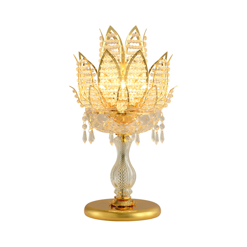 1 Bulb Table Light Mid-Century Lotus Clear Crystal Bedroom Nightstand Lamp with Gold Base