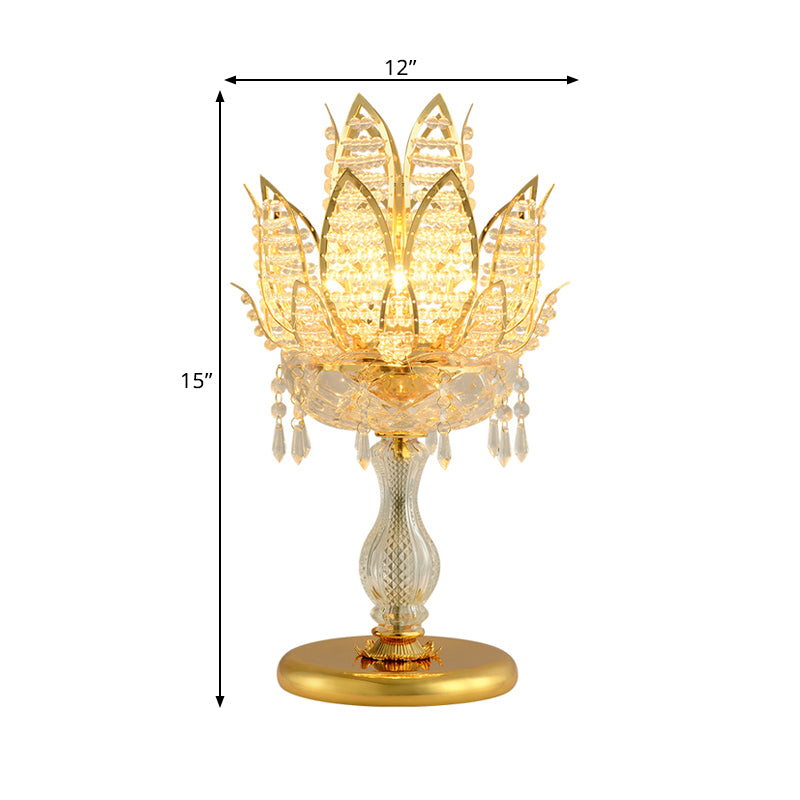 1 Bulb Table Light Mid-Century Lotus Clear Crystal Bedroom Nightstand Lamp with Gold Base