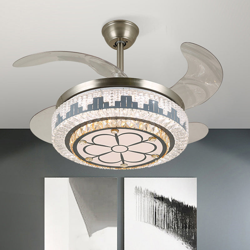LED Circulaire semi-vlakke moderne roestvrijstalen heldere kristalblokken 4 messen hanger ventilator licht, 19 "breed