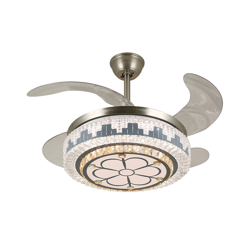 LED Circulaire semi-vlakke moderne roestvrijstalen heldere kristalblokken 4 messen hanger ventilator licht, 19 "breed