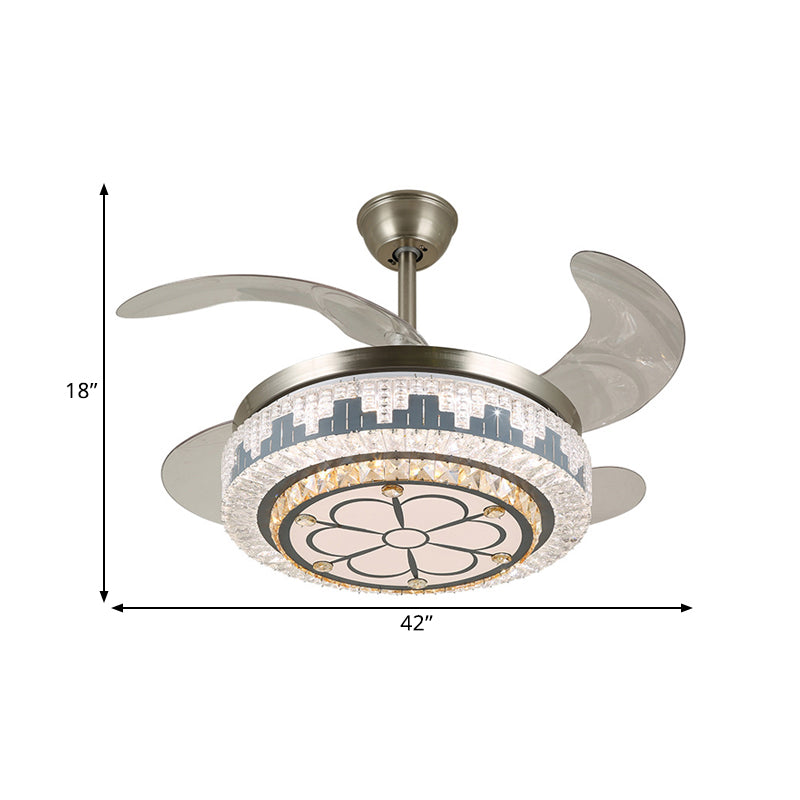 LED Circulaire semi-vlakke moderne roestvrijstalen heldere kristalblokken 4 messen hanger ventilator licht, 19 "breed
