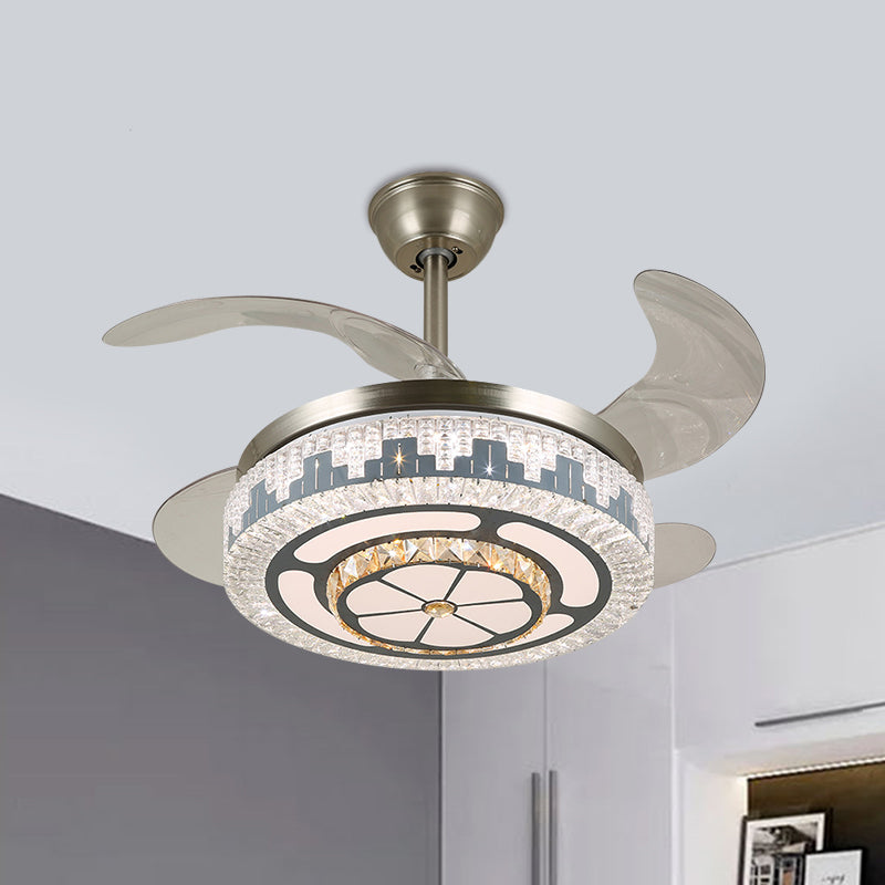 LED Circulaire semi-vlakke moderne roestvrijstalen heldere kristalblokken 4 messen hanger ventilator licht, 19 "breed