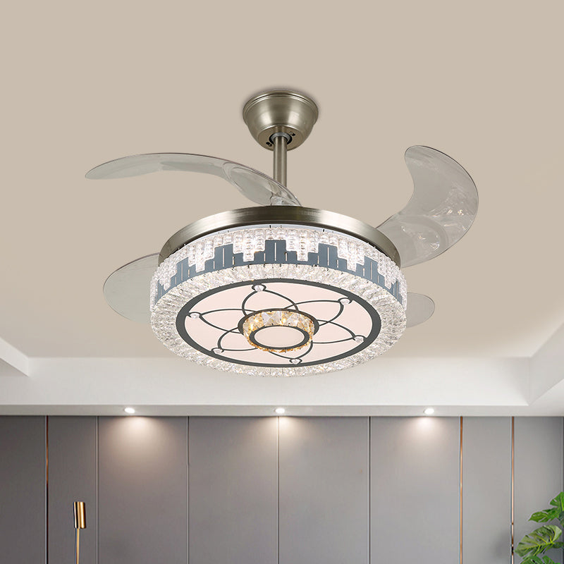 Edelstahl-LED-LED-Lüfterlampe moderne klare Kristallblöcke rundes Halbflush-Licht mit 4 Klingen, 19 "Breite