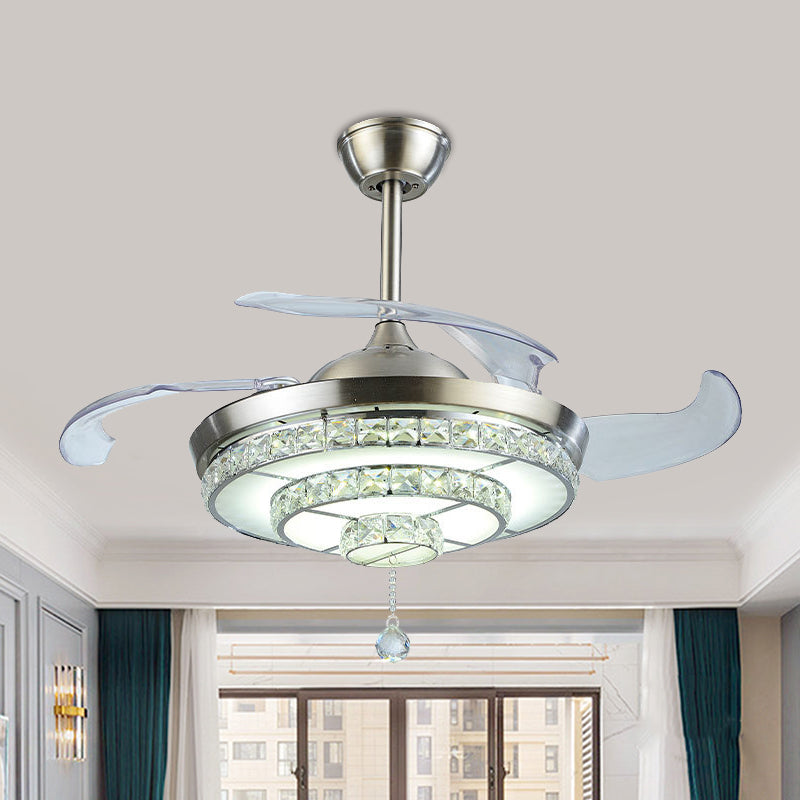 LED abgestufte runde Deckenventilator Leicht zeitgenössische Nickelkristalle 4-Blade Semi Flush Mount, 19 "breit