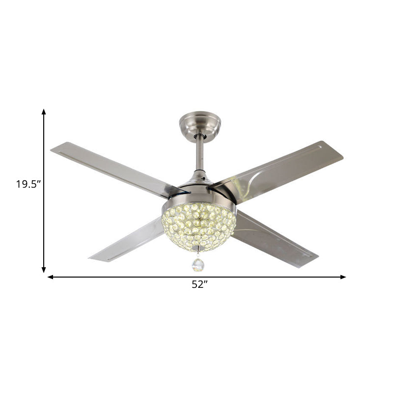 Klarer kristallverkruste Nickel halb Flush Schüssel LED zeitgenössische Hängelüfter Licht mit 4 Klingen, 52 "breit