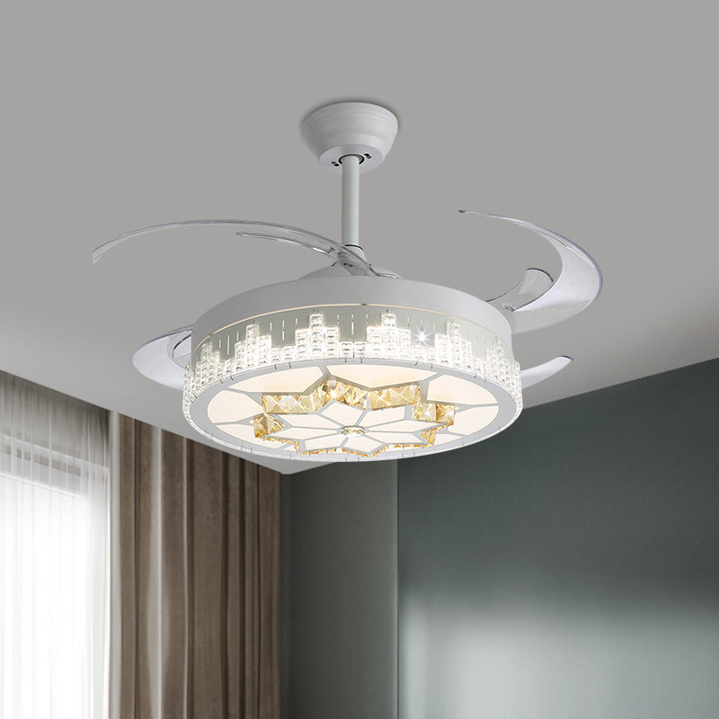 Kristalblokken witte semi -mount licht ronde moderne 4 bladen led plafondventilator lamp met bloem/sneeuwvlok/Chinees knooppatroon, 19 "breed