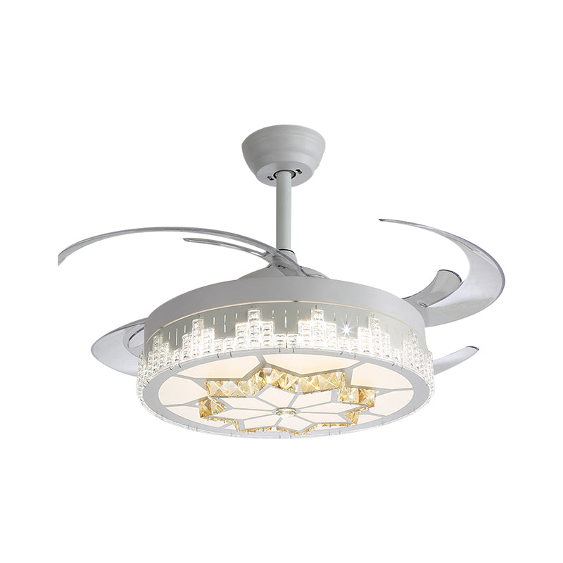Kristalblokken witte semi -mount licht ronde moderne 4 bladen led plafondventilator lamp met bloem/sneeuwvlok/Chinees knooppatroon, 19 "breed