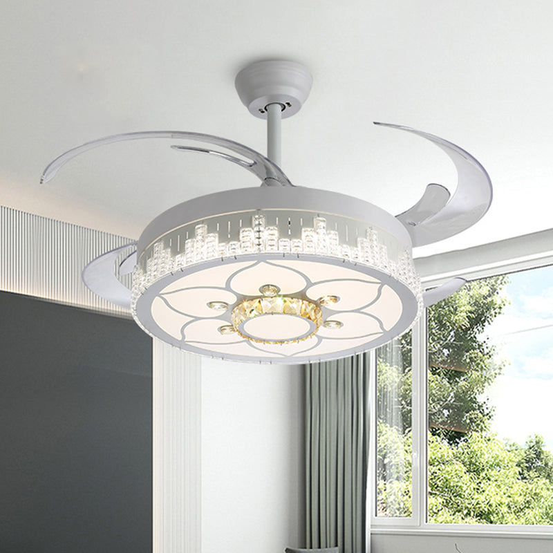 Kristalblokken witte semi -mount licht ronde moderne 4 bladen led plafondventilator lamp met bloem/sneeuwvlok/Chinees knooppatroon, 19 "breed