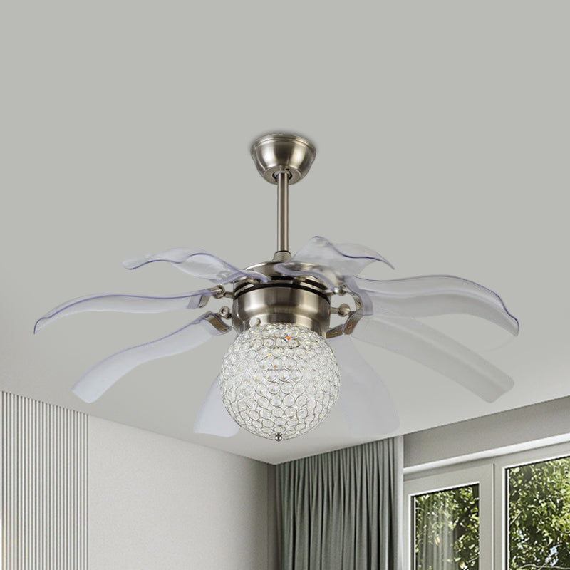 Witte bol semi -spoel moderne heldere kristallen ballen ingebed salon led hangende ventilatorlicht met 8 messen, 42 "breed