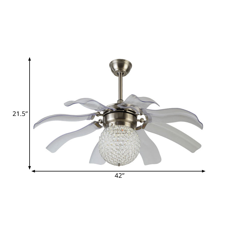 Witte bol semi -spoel moderne heldere kristallen ballen ingebed salon led hangende ventilatorlicht met 8 messen, 42 "breed