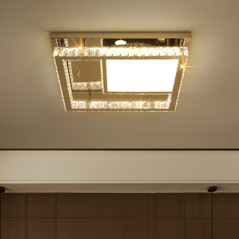 LED Clear Crystal Blocks Flushmount Light Contemporary roestvrije stalen vierkante slaapkamer plafondarmatuur, 19,5 "/23.5" breedte