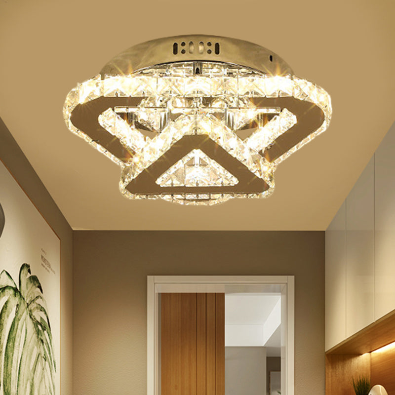 Stainless-Steel LED Semi Flush Mount Contemporary Clear Crystal Blocks Round/Triangle/Double Ring Ceiling Lamp