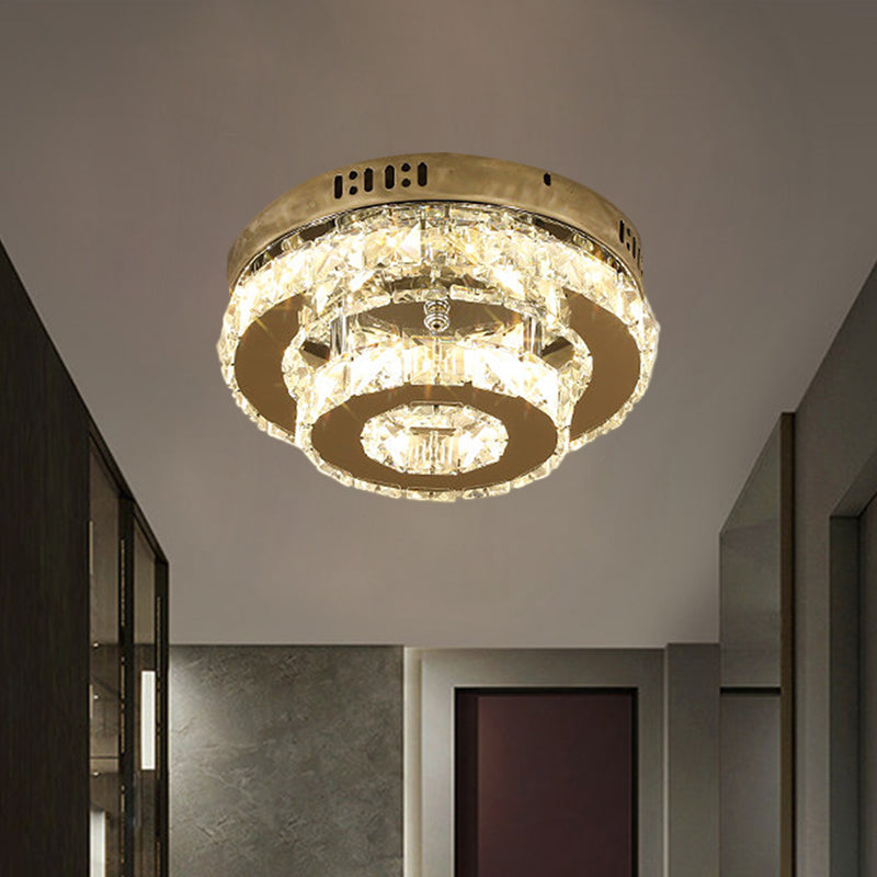 Stainless-Steel LED Semi Flush Mount Contemporary Clear Crystal Blocks Round/Triangle/Double Ring Ceiling Lamp