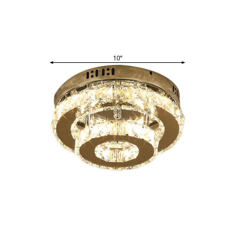 Stainless-Steel LED Semi Flush Mount Contemporary Clear Crystal Blocks Round/Triangle/Double Ring Ceiling Lamp
