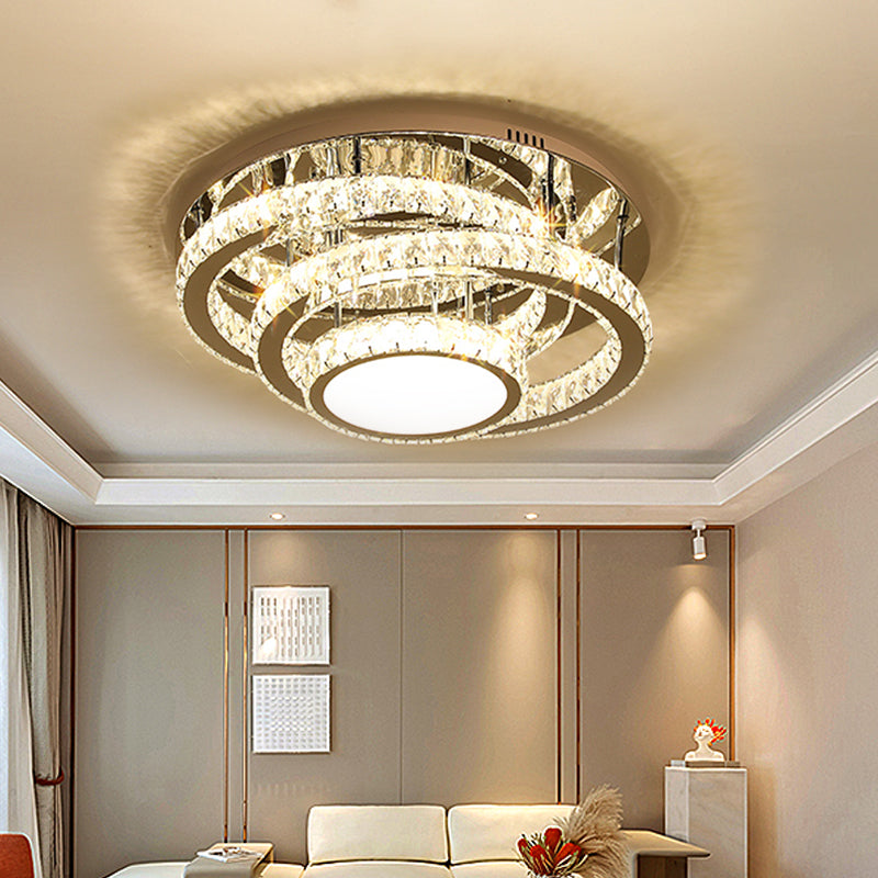 19.5"/23.5" Wide LED Ceiling Lamp Modern Ring Clear Rectangular-Cut Crystals Flush Light Fixture in Stainless-Steel