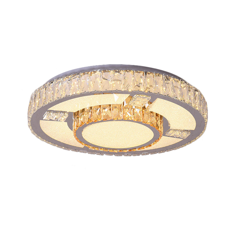 Round Parlor Flush Mount Lamp Modern Clear Beveled Crystal Blocks Stainless-Steel LED Lighting Fixture