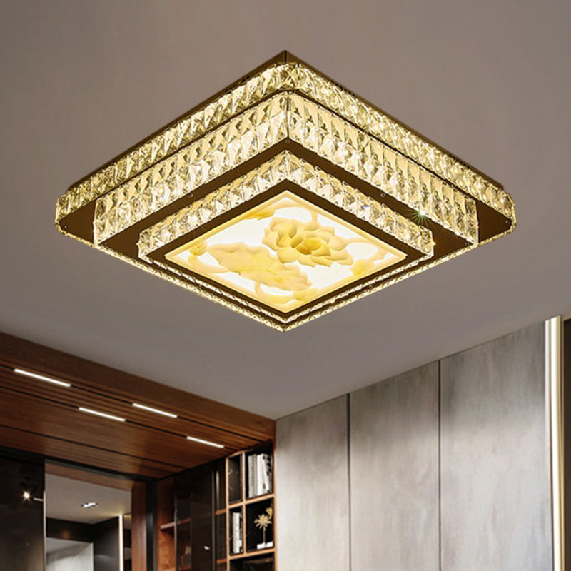 Stainless-Steel Square Flush Mount Fixture Modern Clear Rectangular-Cut Crystals Bedroom LED Ceiling Light