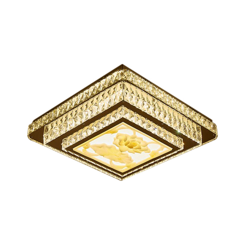 Stainless-Steel Square Flush Mount Fixture Modern Clear Rectangular-Cut Crystals Bedroom LED Ceiling Light
