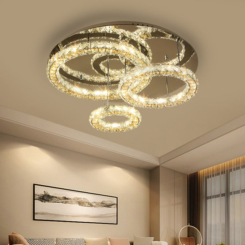3-Ring LED Semi Flush Mount Contemporary Stainless-Steel Clear Cut Crystal Blocks Ceiling Light Fixture