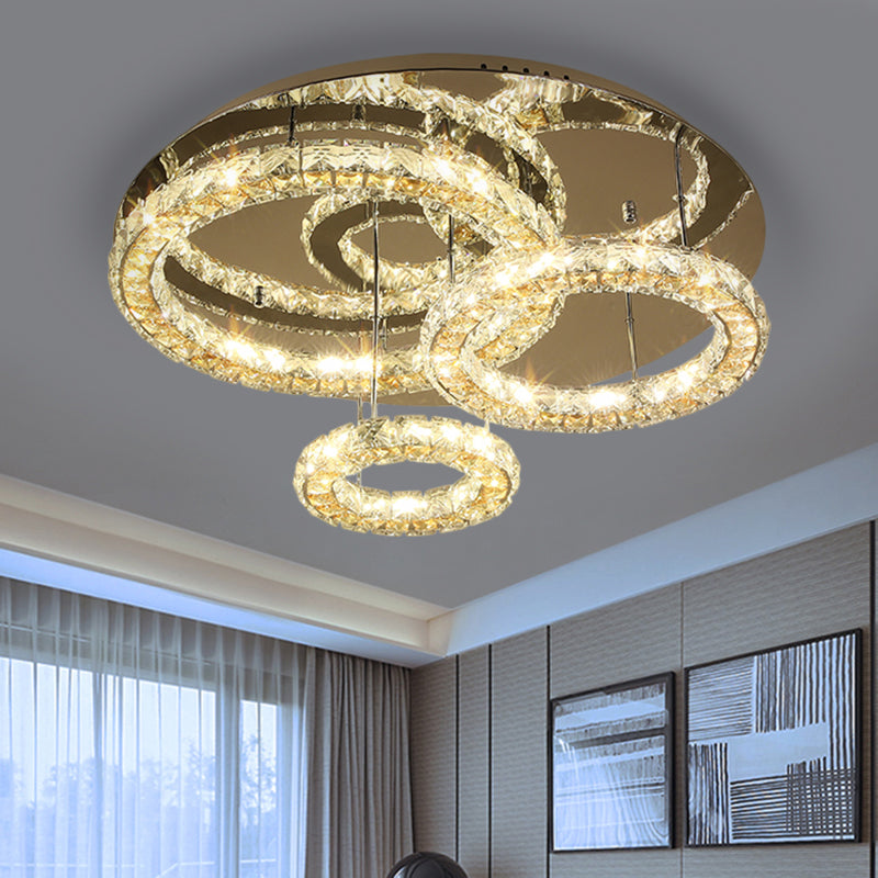 3-Ring LED Semi Flush Mount Contemporary Stainless-Steel Clear Cut Crystal Blocks Ceiling Light Fixture