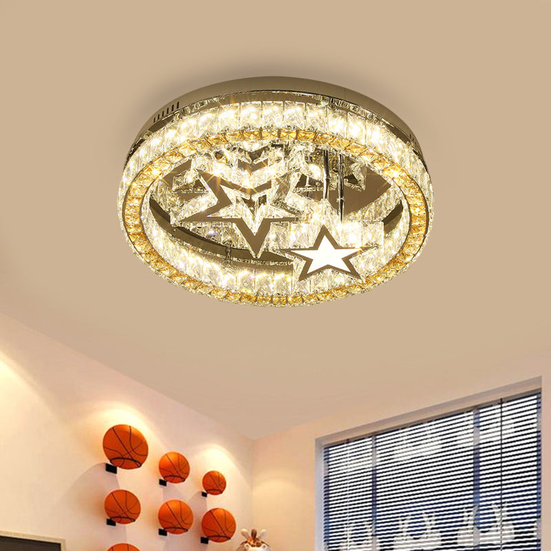 LED Semi Flush Contemporary Round Clear Faceted Crystal Blocks Ceiling Lamp in Stainless-Steel with Star Design