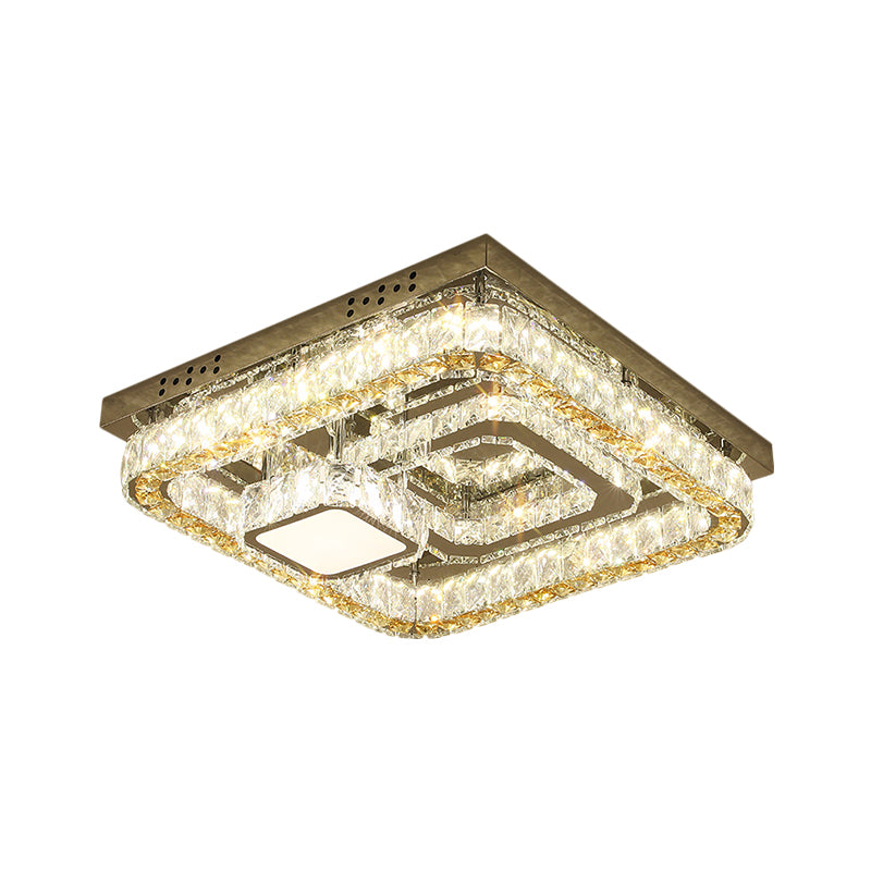 Clear Cut Crystal Blocks Square Semi Flush Contemporary Sleeping Room LED Ceiling Lighting in Stainless-Steel