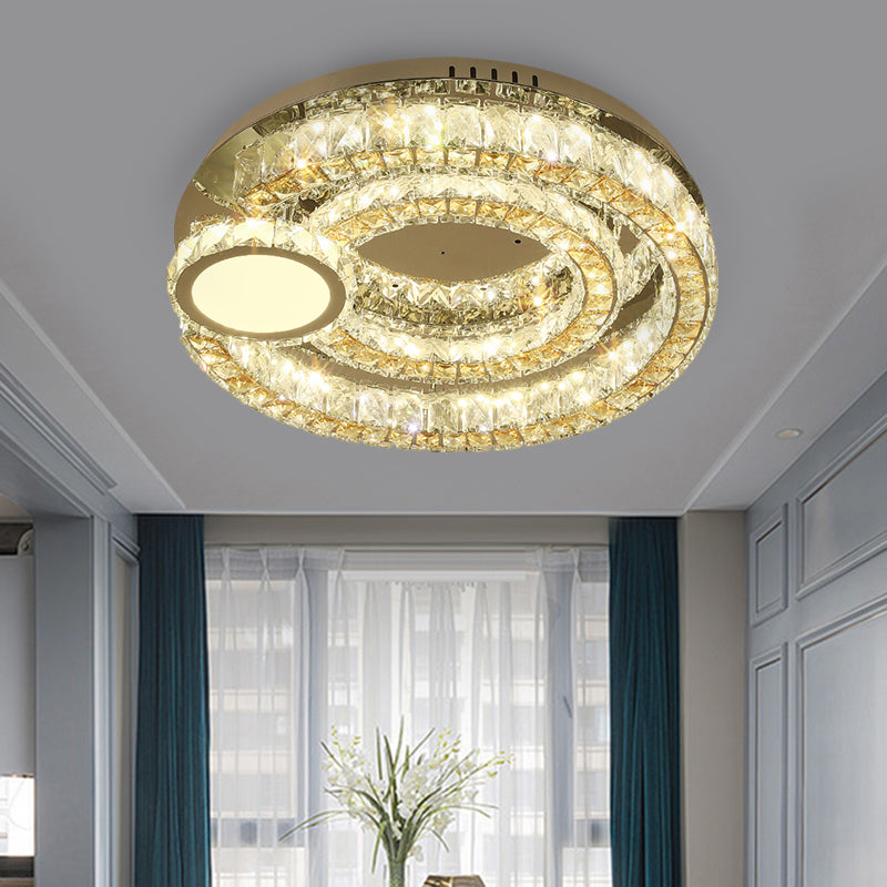 LED Ring Flushmount Contemporary Stainless-Steel Finish Clear Faceted Crystal Blocks Ceiling Lighting