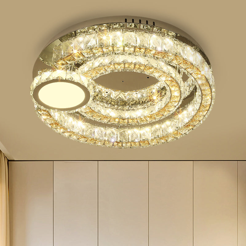 LED Ring Flushmount Contemporary Stainless-Steel Finish Clear Faceted Crystal Blocks Ceiling Lighting