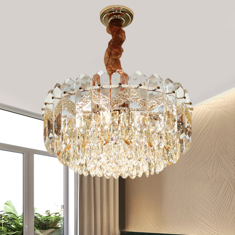 9 bollen helder kristal draperend plafond kroonluchter moderne champagne/rook grijze afwerking drum slaapkamer hanger lamp